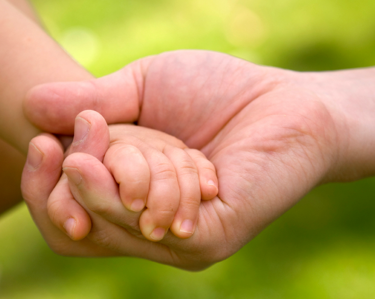 An adult hand gently supporting a child's hand